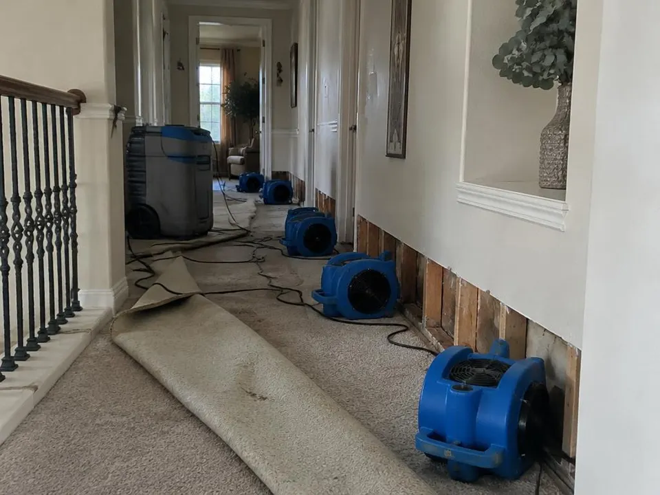 Generated illustration of air movers and a dehumidifier drying an upstairs hallway