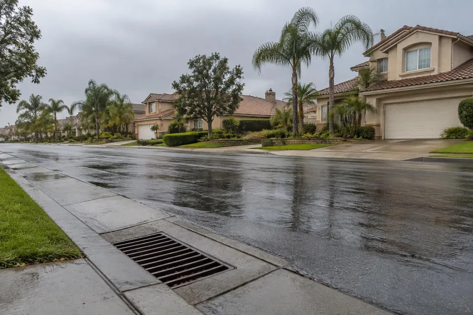 Generated illustration of a wet residential street with stucco houses and a storm drain inlet