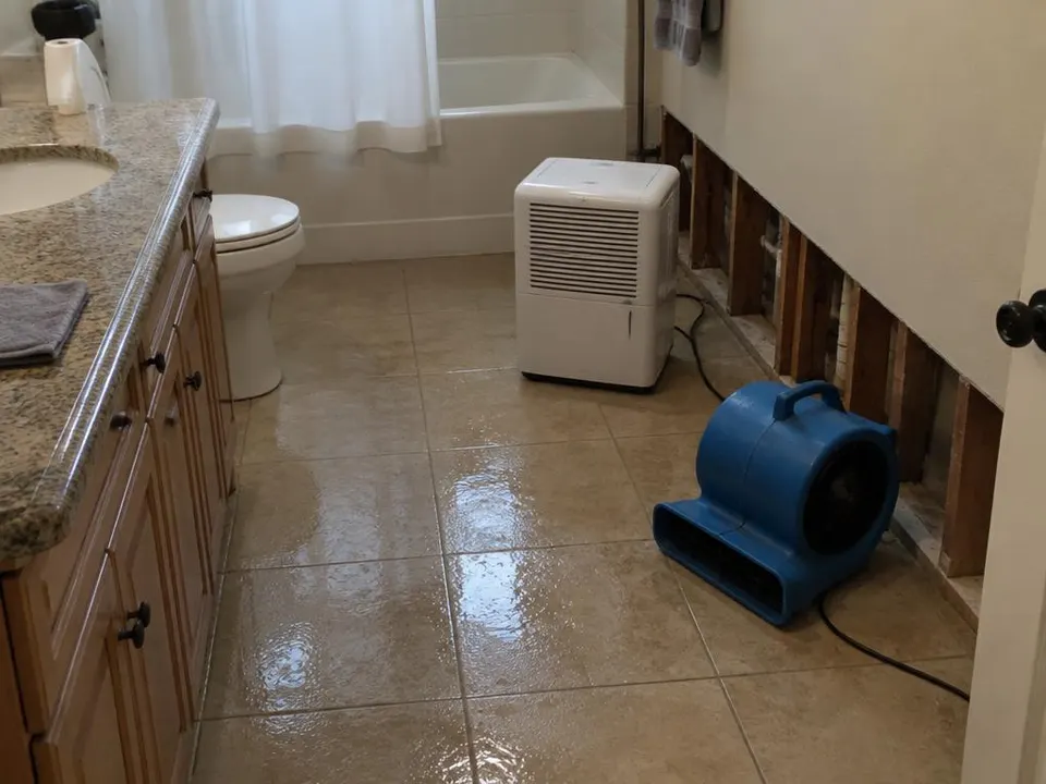 Generated illustration of a wet bathroom floor with opened drywall, a dehumidifier and an air mover