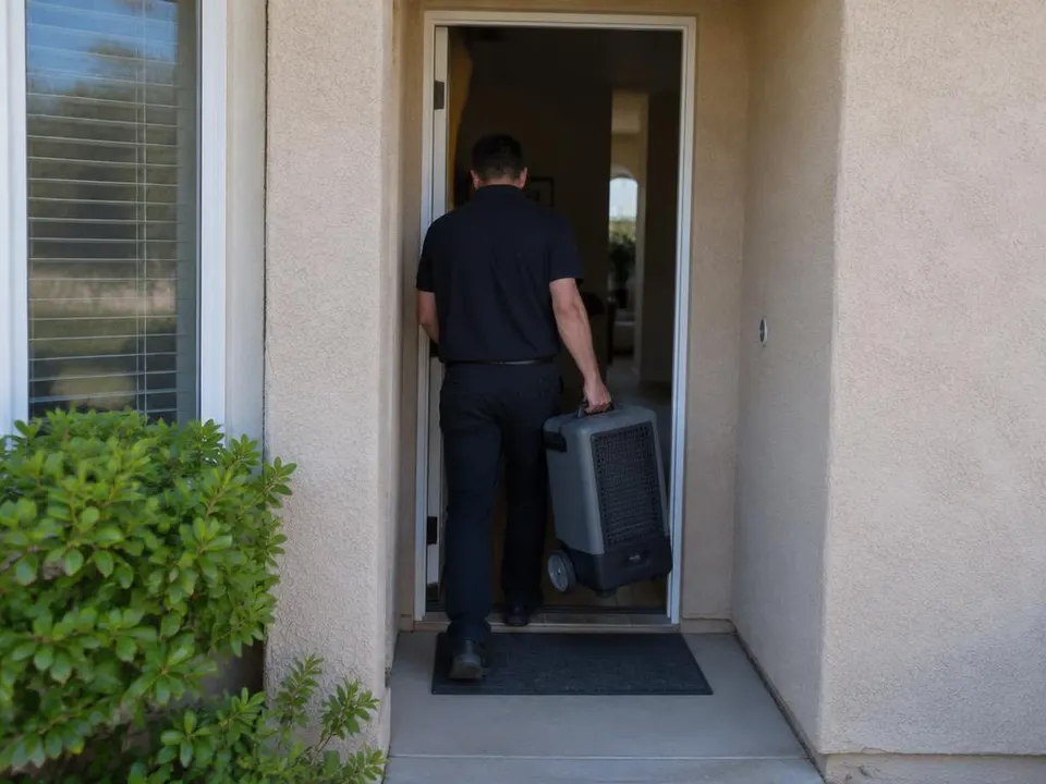 Generated illustration of a worker carrying a dehumidifier through a house entry, seen from behind