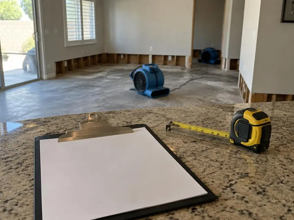 Generated illustration of a clipboard and tape measure in front of a room with air movers