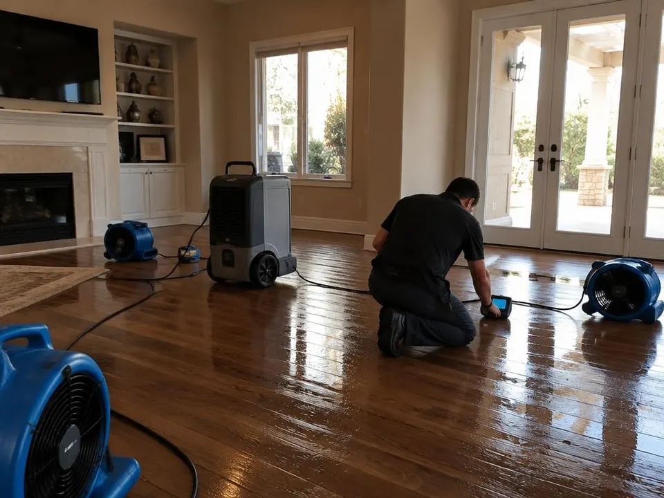 Generated illustration of a technician checking a wet hardwood floor among air movers and a dehumidifier