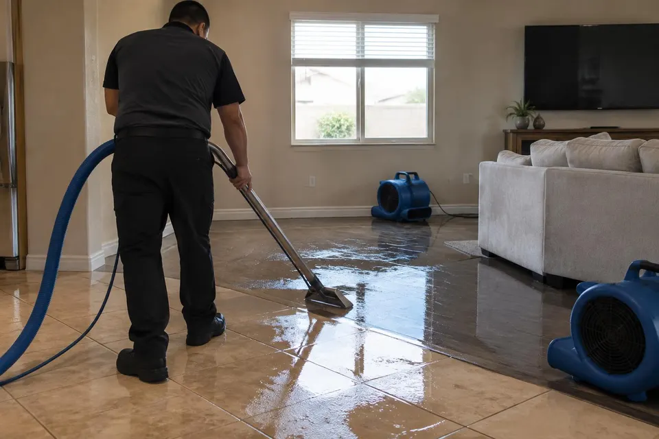Generated illustration of a technician using an extraction wand on a wet tile floor next to air movers