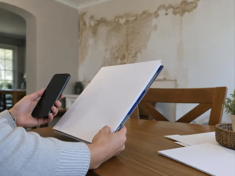 Generated illustration of hands holding a policy folder and a phone at a kitchen table