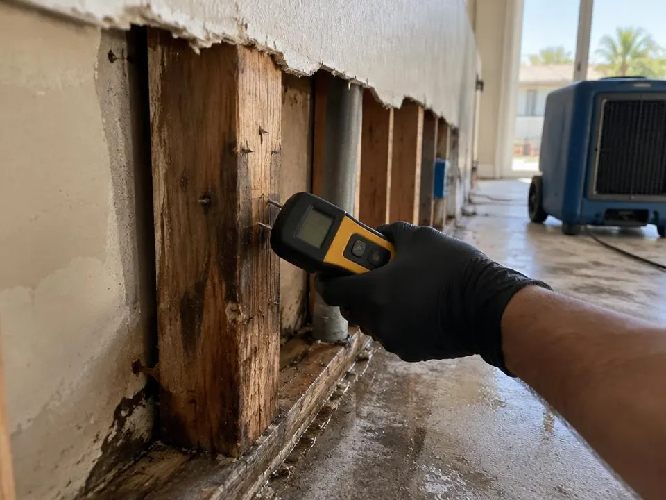 Generated illustration of a gloved hand holding a moisture meter against exposed wall studs