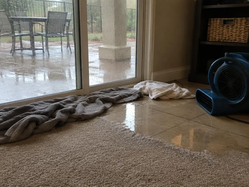 Generated illustration of rainwater and towels inside a sliding glass door next to an air mover